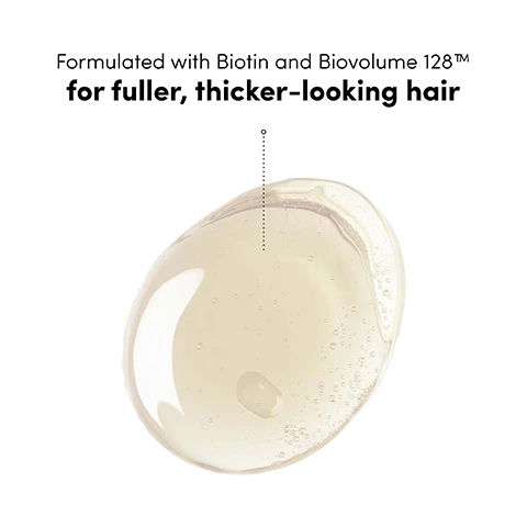 Image 1 - A large, translucent golden-yellow drop of liquid with small bubbles, representing a hair product, with a dotted line extending from the text above it. The text reads: Formulated with Biotin and Biovolume 128™ for fuller, thicker-looking hair. Image 2 - A white, creamy product texture with a dotted line pointing to it and the text Formulated with Biotin and Biovolume 128™ to unlock 24 hours of lush bounciness. Image 3 - A light purple Coco & Eve Boost Therapy Hair Volumising Shampoo bottle, with liquid drops, sits on a vibrant pink gerbera daisy against a soft blue background, displaying text that reads Coco & Eve Boost Therapy Hair Volumising Shampoo Shampooing Volumisant Biovolume 128 + Biotin For Fine And Thinning Hair Net 288 ml / e 9.47 fl. oz. US and Clinically proven results: 135% more volume 83% in hair density. Image 4 - A purple bottle of Coco & Eve Boost Therapy Hair Volumising Conditioner, labeled Aprés-Shampooing Volumisant and Biovolume 128 TM + Biotin, has a light beige creamy substance oozing from its white cap, with additional text on the right that reads Infused with fatty acid-rich coconut oil to help fortify volumized hair. Image 5 - A smiling woman in a light blue one-shoulder swimsuit is in a pool next to two purple Coco & Eve Boost Therapy bottles, with lush jungle in the background, and overlay text stating Cleanses and fortifies for maximum volume and Helps support hair strength and growth. Image 6 - A split image shows a woman with long, dark brown hair; on the left, labeled Before, her hair is straight and flat, and on the right, labeled After, her hair is wavy and voluminous, with the additional text *Using Boost Therapy Shampoo and Conditioner as part of a regimen and UNRETOUCHED.