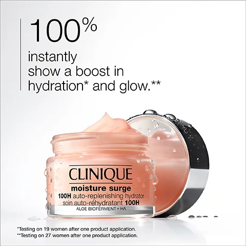 Image of a Clinique Moisture Surge moisturizer jar with water droplets and text that reads 100% instantly show a boost in hydration* and glow.** CLINI QUE moisture surge 100H auto-replenishing hydrator soin auto-réhydratant 100H ALOE BIOFERMENT + HA *Testing on 19 women after one product application. **Testing on 27 women after one product application.