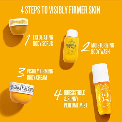 Image 3 - The image displays four Sol de Janeiro body care products on an orange background, numbered to show a routine, with text 4 STEPS TO VISIBLY FIRMER SKIN; step 1 is a tub of SOL DE JANEIRO BUM BUM BODY SCRUB With Ultra-fine Sugar Crystals and Crushed Cupuaçu Seeds for EXFOLIATING BODY SCRUB; step 2 is a bottle of SOL DE JANEIRO BRAZILIAN PLAY BODY WASH Cheirosa 62 Fragrance Hydrates, Softens & Hydrates for MOISTURIZING BODY WASH; step 3 is a tub of SOL DE JANEIRO BRAZILIAN BUM BUM CREAM Visibly Firms & Tightens, Fast Absorbing for VISIBLY FIRMING BODY CREAM; and step 4 is a bottle of SOL DE JANEIRO FRAGRANCE CHEIROSA - 62 PERFUME MIST for IRRESISTIBLE & SUNNY PERFUME MIST. Image 4 - A composition of dark vanilla beans, shelled and unshelled pistachios, and salted caramel candies is displayed on a light background, with the text Notes of Pistachio & Salted Caramel. Image 6 - A Sol de Janeiro gift box with a pink, yellow, and orange mosaic pattern contains four yellow beauty products—a body wash, body scrub, body cream, and perfume mist—on a golden pedestal, with text on the box reading Sol de Janeiro Glow Ready With Me, an FSC logo in the top right corner that says FSC www.fsc.org, and large text at the bottom that reads Formulated Without Mineral Oil, Phthalates, Or Parabens Peta-Certified Animal Test-Free And Vegan.