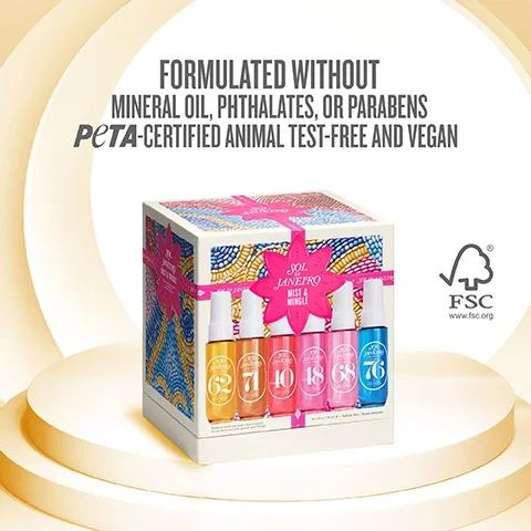 Image 4 - A colorful Sol de Janeiro Mist & Mingle gift set, featuring a white box with a mosaic pattern, is displayed open on a light yellow tiered platform, showing six small perfume mist bottles in yellow, orange, red, pink, and blue, with visible text reading FORMULATED WITHOUT MINERAL OIL, PHTHALATES, OR PARABENS PETA-CERTIFIED ANIMAL TEST-FREE AND VEGAN, and on the box Sol de Janeiro Mist & Mingle, with bottles individually labeled Sol de Janeiro Fragrance Cheirosa Perfume Mist Brume Parfumée with numbers 62, 71, 40, 48, 68, 76, and additional text 6 x 1 fl oz / 30 mL e • Perfume Mist / Brume parfumée, Products inside are larger than pictured. Les produits sont plus grands que limage, plus an FSC logo with www.fsc.org.