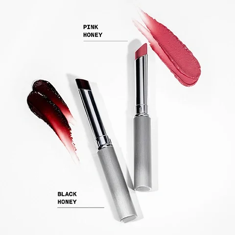 Image 5 - Two tubes of lipstick with swatches, one with a pink shade and the other with a dark berry shade, are displayed against a white background with the labels PINK HONEY and BLACK HONEY.