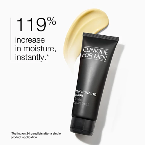 Image 4 - A black tube of Clinique For Men moisturizing lotion fluide hydratant is displayed next to a yellow cream swirl on a white background, with overlaid text reading 119% increase in moisture, instantly.* and a disclaimer *Testing on 24 panelists after a single product application. Image 6 - A dark grey tube of Clinique For Men face scrub is shown with its cap open, a dollop of tan scrub on the surface, and text that reads CLINIQUE FOR MEN face scrub exfoliant visage Face scrub with salicylic acid preps skin for a close shave. Image 7 - A grey tube of Clinique For Men face wash stands on a reflective surface with a ribbed white background, displaying the text Clinique For Men face wash nettoyant visage 6.7 FL. OZ. LIQ./200 ml e and Helps protect skins moisture balance. Leaves skin feeling fresh and comfortable. Image 8 - A black and white close-up shows a dark gray tube of Clinique For Men Anti-Age Eye Cream in front of a glass flask with bubbling liquid, with text that reads Helps combat the look of lines and wrinkles for a younger look, CLINIQUE FOR MEN, anti-age eye cream, crème anti-âge yeux.