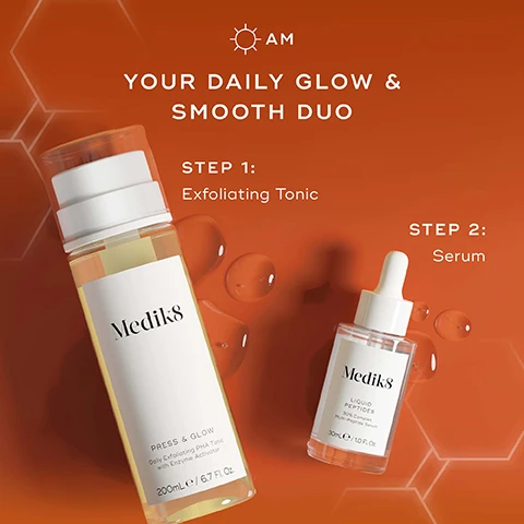 Image 3 - Two skincare product bottles, a large tonic and a small serum, are presented on an orange background with liquid droplets and a subtle hexagonal pattern, featuring the text sun icon AM, YOUR DAILY GLOW & SMOOTH DUO, STEP 1: Exfoliating Tonic, Medik8 PRESS & GLOW Daily Exfoliating PHA Tonic with Enzyme Activator 200mLe / 6.7 Fl. Oz., STEP 2: Serum, Medik8 LIQUID PEPTIDES 30% Complex Multi-Peptide Serum 30mLe / 1.0 Fl. Oz. Image 4 - Two Medik8 skincare product bottles, a large Press & Glow and a smaller Liquid Peptides, are featured on a textured orange background, with visible text including PRESS & GLOW Gently resurfaces for smoother more even skin, Medik8 PRESS & GLOW Daily Exfoliating PHA Tonic with Enzyme Activator 200mL e / 6.7 Fl. Oz., LIQUID PEPTIDES Plumps & firms the skin, Medik8 LIQUID PEPTIDES Line Smoothing Serum 30% Multi-Peptide Complex 30mL e / 1.0 Fl. Oz. Image 5 - A split image shows a close-up of skin before and after treatment, with the Before side showing visible fine lines and the After side showing noticeably smoother skin, alongside text that reads 97% agree their skin looked smoother after use*, *Proven via independent clinical study on Press & Glow. Tested on 31 participants over 4 weeks., and a bottle of Medik8 Press & Glow Daily Exfoliating PHA Tonic with Enzyme Activator 200ml e / 6.7 Fl. Oz.