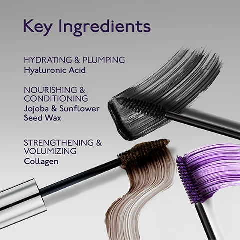 Image 4 - Three mascara wands with black, brown, and purple mascara are displayed next to their respective color swatches on a grey background, with text that reads Key Ingredients, HYDRATING & PLUMPING Hyaluronic Acid, NOURISHING & CONDITIONING Jojoba & Sunflower Seed Wax, and STRENGTHENING & VOLUMIZING Collagen. Image 5 - A By Terry Mascara Terrybly Waterproof tube and wand are displayed on a black mascara streak, with text highlighting features: Promotes lash growth & strength, Provides volume, length & lift, Waterproof, Non-flaking, Non-drying, Smudge proof. Image 6 - The image shows three makeup products for an eye routine: a metallic brown eyeshadow stick with a swatch, a dark brown eyeliner pencil with a zigzag swatch, and an open tube of black mascara with its wand and a black swipe, with visible text reading Your Perfect Eye Routine, STEP 1:, BY TERRY OMBRE BLACKSTAR, Ombre Blackstar, STEP 2:, BY TERRY CRAYON BLACKSTAR, Crayon Blackstar, STEP 3:, BY TERRY MASCARA TERRYBLY WATERPROOF, and Terrybly Mascara.