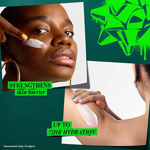 Image 1 - Two close-up photos on a textured green background show people applying white cream, one to a dark-skinned persons cheek and another to a persons upper arm, with a bright green star graphic in the top right and overlaid text that says STRENGTHENS skin barrier, UP TO 72HR HYDRATION, and *Instrumental Study, 26 subjects. Image 2 - Two large swatches of white cream are displayed on a background split by a torn edge revealing green, with green labels reading HYDRATING Moisturiser and HYDRATING Body Cream, and a stylized green letter K. Image 3 - The image shows a white folded paper on a green background, featuring a Kiehls Ultra Facial Cream 1.7 fl. oz - 50 ml jar and a Kiehls Ultra Body Mega Moisture Squalane Cream 8.4 fl. oz. - 250 ml jar, with the visible text K Our Products With: SQUALANE Replenishes skin moisture barrier PRO-CERAMIDES Together with the emollient ingredients in our formula, helps fortify the skin barrier with moisture Kiehls Since 1851. Image 4 - Two white jars of Kiehls cream are stacked, a smaller one on top of a larger one, against a dark green textured background with neon green brush strokes, displaying text that reads: RECOMMENDED ORDER OF USE. STEP 1 Helps Repair Skin Barrier in 1hr*, showing Kiehls Ultra Facial Cream, 1.7 fl. oz - 50 ml, a 24-Hour, Daily Lightweight Hydrating Formula with 4.5% Squalane and Glacial Glycoprotein. STEP 2 Up To 72hr Hydration**, showing Kiehls Ultra Body Mega Moisture Squalane Cream, 8.4 fl. oz. - 250 ml, a Fast-Absorbing, Protective Formula with Glacial Glycoprotein and Pro-Ceramide. Footnotes: *Instrumental Study, 30 subjects **Instrumental Study, 26 subjects. Image 5 - Two open white jars of Kiehls cream are on a green textured background with a golden scale in the top left, with visible text reading Kiehls Since 1851 Ultra Body Mega Moisture Squalane Cream Fast-Absorbing, Protective Formula with Glacial Glycoprotein and Pro-Ceramide, Kiehls Since 1851 Ultra Facial Cream 24-Hour, Daily Lightweight Hydrating Formula with 4.5% Squalane and Glacial Glycoprotein This fast-absorbing cream provides water replenishment throughout the day and helps to strengthen the skin barrier and is formulated with Squalane, known for its ability to thrive in extreme climates, and Give the gift of HEAD-TO-TOE HYDRATION this holiday!