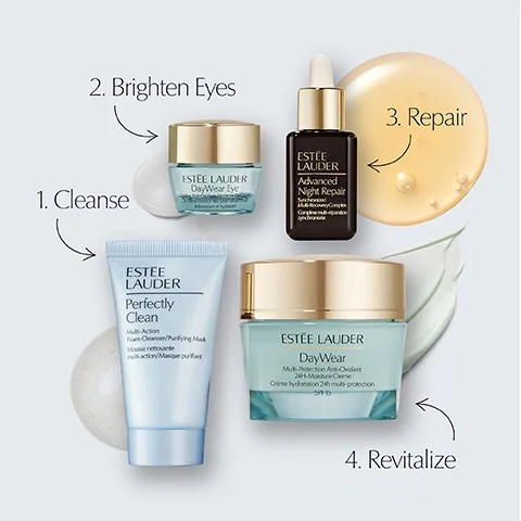 Image 3 - Four Estée Lauder skincare products are arranged in a clockwise routine, each with a numbered step and product details: 1. Cleanse, shown with Estée Lauder Perfectly Clean Multi-Action Foam Cleanser/Purifying Mask Mousse nettoyante multi-action/Masque purifiant; 2. Brighten Eyes, shown with Estée Lauder DayWear Eye Cooling Anti-Oxidant Moisture Gel Creme Gel crème contour des yeux rafraichissant antioxydant et hydratant; 3. Repair, shown with Estée Lauder Advanced Night Repair Synchronized Multi-Recovery Complex Complexe multi-réparation synchronisée; and 4. Revitalize, shown with Estée Lauder DayWear Multi-Protection Anti-Oxidant 24H-Moisture Creme Crème hydratation 24h multi-protection SPF 15.