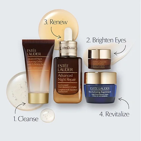 Image 3 - The image shows a four-step Estée Lauder nighttime skincare routine featuring: 1. Cleanse with Advanced Night Cleansing Gelée with 15 Amino Acids Gelée nettoyante, 2. Brighten Eyes with Advanced Night Repair Eye Supercharged Gel-Crème Synchronized Multi-Recovery Gel-crème contour des yeux multi-réparation synchronisée, 3. Renew with Advanced Night Repair Synchronized Multi-Recovery Complex Complexe multi-réparation synchronisée, and 4. Revitalize with Revitalizing Supreme+ Night Power Bounce Creme Crème de nuit repulpante.