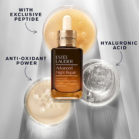 Image 4 - An Estée Lauder Advanced Night Repair serum bottle with a dropper is centered, surrounded by three petri dishes illustrating ingredients, with visible text reading ESTEE LAUDER Advanced Night Repair Synchronized Multi-Recovery Complex Complexe multi-réparation synchronisée, WITH EXCLUSIVE PEPTIDE, ANTI-OXIDANT POWER, and HYALURONIC ACID. Image 5 - A jar of Estee Lauder Revitalizing Supreme+ Youth Power Creme, labeled ESTÉE LAUDER Revitalizing Supreme+ Youth Power Creme Crème révélatrice de jeunesse, is surrounded by five small glass dishes presenting ingredients: liquid droplets for Hyaluronic Acid NOURISH + PLUMP, white flower petals for Hibiscus Morning Bloom Extract LIFT + FIRM, a dollop of cream, brown seeds for Moringa Extract ANTI-OXIDANT POWER, and green cactus pads for Cactus Stem Cell Extract STRENGTHEN BARRIER.