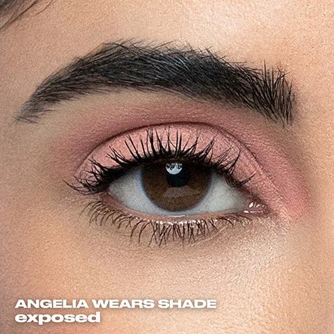 Image 1 - A close-up of a persons eye with pink eyeshadow and long dark lashes, with visible text that reads Angelia wears shade exposed. Image 2 - A close-up of a person with dark skin wearing metallic gold eyeshadow and glossy lips, with the text Alba wears shades toasty + tasteful. Image 3 - A close-up of a woman shows her with shimmering peach-bronze eyeshadow, glossy pink lips, and chrome ombre nails, with text that reads TARA WEARS SHADES peach bum + tasteful + top off. Image 4 - A close-up of a womans face with shimmery peach eye makeup, defined brows, long lashes, and glossy peach lips, with a silver hoop earring visible on her left, reads Angelia wears shades peach bum + sin innocent. Image 5 - Close-up of a person with dark skin, wearing shimmery rosy-gold eyeshadow, long dark eyelashes, and glossy dark nude lips, with an earring visible on the left side, displaying the text ALBA WEARS SHADE private album.
