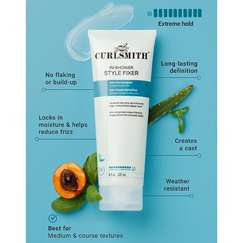 Image 1 - A white tube of Curlsmith In-Shower Style Fixer is displayed with a smear of gel, an aloe vera leaf, and a halved apricot with basil leaves on a light blue background, displaying text that reads Curlsmith In-Shower Style Fixer, Anti-Frizz Styling Gel Curly Or Coily Hair, Anti-Frisottis Gel Coiffant Cheveux Frisés Ou Bouclés, squeezed aloevera, apricot kernel, sage, cracked black pepper, basil, aloe vera pressé, noyau dabricot, sauge, poivre noir concassé, basilic, Vegan, 10 Extreme Hold, 8 fl oz 237 mL, and is surrounded by feature labels: 10 Extreme hold, No flaking or build-up, Long-lasting definition, Locks in moisture & helps reduce frizz, Creates a cast, Weather resistant, Best for Medium & course textures. Image 2 - A smiling woman with long, curly brown hair holds a tube of Curlsmith In-Shower Style Fixer against a blue background, with text that reads LONG-LASTING DEFINITION Helps prevent frizz, even in humid conditions. Image 3 - A hand holds a white tube of Curlsmith In-Shower Style Fixer against a blue background with gel dripping from the tube, accompanied by the text LOCK IN YOUR LOOK Our strongest styling gel, CURLSMITH IN-SHOWER STYLE FIXER Anti-Frizz Styling Gel Curly Or Coily Hair Anti-Frisottis Gel Coiffant Cheveux Frisés Ou Bouclés Squeezed aloe vera, spearmint, sage, cistus & black pepper leaf Avec vera pressée, menthe dépi, sauge, ciste et feuille de poivre noir Vegan Cruelty Free 10 8 fl oz 237 mL. Image 4 - The image shows two Curlsmith In-Shower Style Fixer product tubes side by side, depicting the old packaging on the left and the new packaging on the right, separated by a teal arrow pointing right; the new packaging features a blue circular sticker that reads SAME GREAT NEW LOOK PRODUCT; the old tube is labeled CURLSMITH MOISTURE RECIPE / RECETTE HYDRATANTE IN-SHOWER STYLE FIXER Anti-Frizz Styling Gel Curly Or Coily Hair / Anti-Frizz Gel Coiffant Cheveux Frisés Ou Bouclés WHATS INSIDE / CONTENT SQUEEZED ALOE VERA, APRICOT KERNEL, SAGE, CRACKED BLACK PEPPER, BASIL / ALOE VERA PRESSÉE, NOYAU DABRICOT, SAUGE, POIVRE NOIR CONCASSÉ, BASILIC 10 extreme hold / tenue extrême Zero Spoons of Sulfates, Parabens, Silicones, Mineral Oils, Phthalates, DEA, Zero Cruelty, Zero Guilt, VEGAN 8 fl oz / 237 mL; and the new tube is labeled CURLSMITH IN-SHOWER STYLE FIXER Anti-Frizz Styling Gel Curly Or Coily Hair / Anti-Frizz Gel Coiffant Cheveux Frisés Ou Bouclés squeezed aloe vera, apricot kernel, sage, cracked black pepper, basil / aloe vera pressée, noyau dabricot, sauge, poivre noir concassé, basilic VEGAN 10 extreme hold / tenue extrême 8 fl oz / 237 mL.