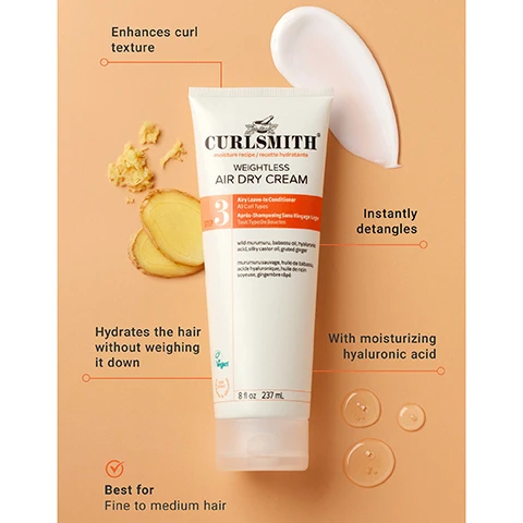 Image 1 - A white tube of Curlsmith Weightless Air Dry Cream with ginger slices, cream swirls, and liquid drops on an orange background displays product information and benefits, with the text reading: CURLSMITH moisture recipe / recette hydratante WEIGHTLESS AIR DRY CREAM 3 Air Dry Leave-In Conditioner All Curl Types Après-Shampooing Sans Rinçage Léger Tous Types De Boucles wild murumuru, babassu oil, hyaluronic acid, silky castor oil, grated ginger murumuru sauvage, huile de babassu, acide hyaluronique, huile de ricin soyeuse, gingembre râpé Vegan 8 fl oz 237 mL, Enhances curl texture, Instantly detangles, Hydrates the hair without weighing it down, With moisturizing hyaluronic acid, Best for Fine to medium hair. Image 2 - Two white tubes of Curlsmith Weightless Air Dry Cream are shown side-by-side against a split blue and orange background, with an orange arrow pointing right between them, illustrating a packaging change; an orange circular label in the top right corner states Same Great New Look Product; the left tube, the old packaging, reads CURLSMITH SCALP RECIPE / RECETTE POUR LE CUIR CHEVELU WEIGHTLESS AIR DRY CREAM Airy Leave-In Conditioner All Curl Types Après-Shampooing Sans Rinçage Léger Tout Type De Boucles WHATS INSIDE WILD MURUMURU BABASSU OIL HYALURONIC ACID SIKY CASTOR OIL GRATED GINGER MOREMURUMU SAUVAGE HUILE DE BABASSU ACIDE HYALURONIQUE HUILE DE RIZ RICIN SOYEUX GINGEMBRE RÂPÉ Cruelty Free PETA V-label vegan Zero Silicones Zero Sulfates Zero Parabens, Phthalates, Mineral Oils, Dyes 8 fl oz / 237 mL; the right tube, the new packaging, reads CURLSMITH MOISTURE RECIPE / RECETTE HYDRATANTE WEIGHTLESS AIR DRY CREAM 3 Airy Leave-In Conditioner All Curl Types Après-Shampooing Sans Rinçage Léger Tout Type De Boucles wild murumuru, babassu oil, hyaluronic acid, silky castor oil, grated ginger murumuru sauvage, huile de babassu, acide hyaluronique, huile de riz ricin soyeux, gingembre râpé PETA Approved Global Animal Test Policy Vegan 8 fl oz 237 mL.