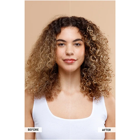 Image 1 - A split image of a woman shows a before and after comparison of her curly hair, with the left side displaying dry, frizzy, less defined curls and the right side showcasing shiny, bouncier, defined curls. Text labels the left side BEFORE and the right side AFTER. Image 2 - Three Curlsmith Curl Defining Styling Souffle products are displayed from smallest to largest, including a tube, a jar, and a bottle, with visible text labels indicating Trial Size, Full Size, Jumbo Size, and product details reading CURLSMITH CURL DEFINING STYLING SOUFFLE, Vegan, 2 fl oz 59 ml, 8 fl oz 237 ml, 16 fl oz 473 ml. Image 3 - A black jar of Curlsmith Curl Defining Styling Soufflé is displayed on a blue background, surrounded by elements highlighting its features and benefits, with visible text reading: CURLSMITH CURL DEFINING STYLING SOUFFLÉ Styling Gel All Curl Types Gel Coiffant Tous Types De Boucles Vegan 8 fl oz 237 mL, and additional labels including 8 Strong hold, Creates a cast, Locks in moisture, Enhances shine and reduces frizz, Long-lasting curl definition.