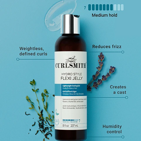 Image 1 - A brown Curlsmith Hydro Style Flexi Jelly bottle with a silver cap and a white and blue label is displayed on a blue background with green leaves, a lavender sprig, and a dab of clear gel; visible text includes CURLSMITH, HYDRO STYLE, FLEXI JELLY, Lightweight Styling Gel Curly Or Wavy Hair, Gel Coiffant Léger Cheveux Bouclés Ou Ondulés, hyaluronic acid, green tea brew, lavender flowers, thyme leaf, white cedar, acide hyaluronique, infusion de thé vert, fleurs de lavande, feuille de thym, cèdre blanc, Vegan, Animal Friendly, 7 MEDIUM HOLD / TENUE MOYENNE, 8 fl oz 237 mL, Weightless defined curls, Reduces frizz, Creates a cast, Humidity control, and an indicator showing 7 Medium hold. Image 2 - A smiling woman with blonde curly hair holds up a bottle of Curlsmith Hydro Style Flexi Jelly, with text that reads Your favorite jelly FOR SOFT BOUNCY CURLS. Image 3 - A hand dispenses clear jelly from a brown Curlsmith Hydro Style Flexi Jelly bottle into another hand, with text above reading LIGHTWEIGHT SILKY JELLY Weightless definition without compromising on volume. Image 4 - Two dark brown bottles of Curlsmith Hydro Style Flexi Jelly are displayed side-by-side on a light blue background, showing an old packaging design on the left and a new packaging design on the right, separated by a teal arrow, with the new packaging featuring a circular teal badge; the old label reads CURLSMITH SOIN DU RIFPE / RECETTE POUR LE CUIR CHEVELU HYDRO STYLE FLEXI JELLY Lightweight Styling Gel Curly Or Wavy Hair Gel Coiffant Léger Cheveux Bouclés Ou Ondulés WHATS INSIDE HYALURONIC ACID GREEN TEA BERW LAVENDER FLOWERS THYME LEAF WHITE CEDAR CONTIENT ACIDE HYALURONIQUE INFUSION DE THE V FLEURS DE LAVANDE FEUILLE DE THYM CÈDRE BLANC 7 medium hold / tenue moyenne Vegan 8 fl oz 237 mL; the new label, a simplified design, reads CURLSMITH HYDRO STYLE FLEXI JELLY Lightweight Styling Gel Curly Or Wavy Hair Gel Coiffant Léger Cheveux Bouclés Ou Ondulés hyaluronic acid, green tea brew, lavender flowers, thyme leaf, white cedar, acide hyaluronique, infusion de the vert, fleurs de lavande, feuille de thym, cèdre blanc, Vegan, 7 medium hold / tenue moyenne, 8 fl oz 237 mL; a common disclaimer at the bottom of both labels reads Formulated Without Sulfates, Parabens, Silicones, Mineral Oil, Phthalates, DEA, Gluten, synthetic fragrances, colorants, dyes. Sans Sulfates, Parabènes, Silicones, Huile Minérale, Phtalates, DEA, Gluten, Parfum Synthétique, Colorants; and the circular badge on the new packaging reads SAME GREAT NEW LOOK PRODUCT.
