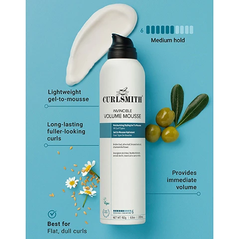 Image 1 - A white Curlsmith Invincible Volume Mousse bottle with a black pump, a swirl of white product, green olives, and chamomile flowers are displayed on a light blue background, with text reading CURLSMITH INVINCIBLE VOLUME MOUSSE Multi-building Styling Gel-to-Mousse All Curl Types Gel en Mousse Hydratant Tout Type De Boucles, ingredients listed as Linden bud, olive leaf, lemon extract, chamomile flower, Bourgeon de tilleul, feuille d’olive, extrait de citron, matricaire camomille, also Vegan, Not tested on animals, NET WT 192g 6.8oz 200mL, and additional callouts for 6 Medium hold, Lightweight gel-to-mousse, Long-lasting fuller-looking curls, Provides immediate volume, Best for Flat, dull curls. Image 2 - A smiling woman with long, curly brown hair holds a bottle of Curlsmith Invincible Volume Mousse against a light blue background, with text that reads Long-lasting volume up to 72 HRS*. Image 3 - A persons hands hold a white can of Curlsmith Invincible Volume Mousse, dispensing a dollop of white foam into their other palm, against a blue background with the visible text X3 MORE VOLUME*, and the can itself reads Curlsmith Invincible Volume Mousse. Image 4 - A smiling woman with voluminous brown curly hair touches her hair while holding a bottle of Curlsmith Invincible Volume Foam, next to text that reads 86% said their hair looks thicker & fuller, without compromising their curls*. Image 5 - Two white bottles of Curlsmith Invincible Volume Mousse are displayed side by side against a split pink and blue background, separated by a right-pointing arrow, with text at the top reading Same Great New Look Product and text on both bottles reading Curlsmith Invincible Volume Mousse.