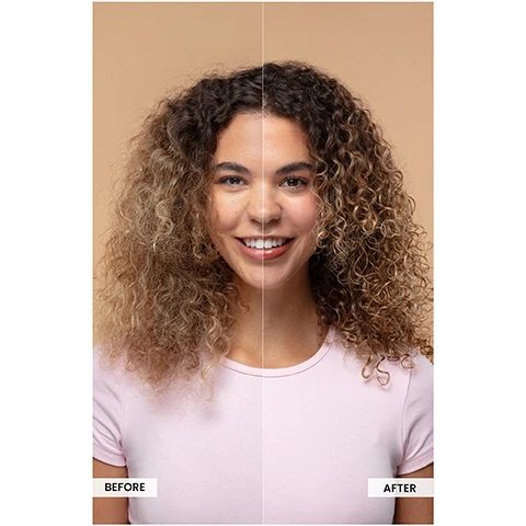 Image 1 - A smiling woman with curly hair is shown in a split image, with the left side showing frizzy hair labeled BEFORE and the right side showing smoother, more defined curls labeled AFTER. Image 2 - The image shows two brown Curlsmith Moisture Memory Release hair product spray bottles, one small trial size and one large full size, on a wet surface with olives and translucent beads, against an orange background, with visible text reading Trial Size, Full Size, CURLSMITH, MOISTURE MEMORY RELEASE, MOISTURE RESCUE HYDRATATION, STEP 3, Weightless Leave-in Conditioner Wavy or Curly Hair, Revitalisant Léger Sans Rinçage Cheveux Ondulés ou Bouclés, Tri-Curlblend Complex, resurrection flower, olive oil, macadamia, Complexe Tri-Curlblend, fleur de résurrection, huile dolive, huile de macadamia, Vegan, 2 fl oz 59 mL, 8 fl oz 237 mL. Image 3 - The image shows a dark brown spray bottle of Curlsmith Moisture Memory Release hair product on an orange background, surrounded by green fruits, macadamia nuts, water droplets, and a dish of small yellow beads, with visible text including Time-release moisture technology, 3 days of hydration*, Instantly detangles, Contains 3 types of ceramides, Best for Very fine to fine hair, *Based on third party testing vs. control, and directly on the bottle: CURLSMITH MOISTURE MEMORY RELEASE Weightless Leave-In Conditioner Poids Plume Après-Shampoing Démêlant Sans Rinçage Onctueux Ondulés 3 Tri-Care Blend Complex: nourishes, fortifies, moisturizes. Vegan 8 fl oz 237 mL. Image 4 - An image comparing Curlsmith hair product formulas features two spray bottles on an orange background, with the left bottle labeled Moisture Memory Reactivator and the right bottle labeled Moisture Memory Release and NEW FORMULA, under the main heading IMPROVED FORMULA, followed by a section detailing WE KEPT YOUR FAVORITE THINGS: Lightweight formula, Moisturizing, Light conditioning, and AND REFINED THE FORMULA: Contains 3 types of ceramides, All-day moisture*, Up to 72 hours nourished curls*, with a note *Based on third party testing vs. control.