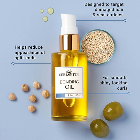 Image 1 - A bottle of Curlsmith Bonding Oil with a gold pump top is displayed on a light blue background, surrounded by chickpeas, two green olives, a dish of quinoa seeds, and oil drops, with visible text reading CURLSMITH BONDING OIL 2 fl oz 60 ml, Designed to target damaged hair & seal cuticles, Helps reduce appearance of split ends, and For smooth, shiny looking curls. Image 2 - A smiling woman with long, curly brown hair against a blue background, with the text 90% agreed the oil helped seal and reduce the appearance of split ends*. Image 3 - A bottle of Curlsmith Bonding Oil sits next to an apricot half and small white pebbles against a blue background with a ribbed glass disc and dark blue circle, with text at the top stating 93% agreed their hair looked and felt repaired *. Image 4 - A visual comparison shows two Curlsmith Bonding Oil bottles, an old version with dark yellow oil on the left and a new version with bright yellow oil on the right, separated by a blue right-pointing arrow, with a blue circular badge stating it is a new look product at the top right, with visible text CURLSMITH STRENGTH RECIPE BONDING OIL 2 fl oz / 60 mL, CURLSMITH BONDING OIL 2 fl oz / 60 mL, SAME GREAT NEW LOOK PRODUCT.